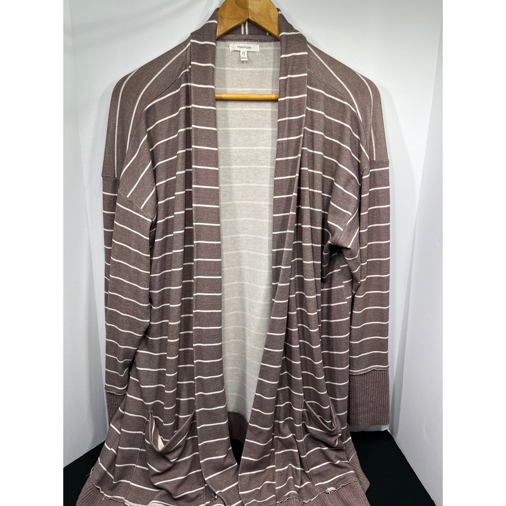 Maurices Womens XXL Mauve Brown Striped Open Front Cardigan Ribbed Trim Pockets